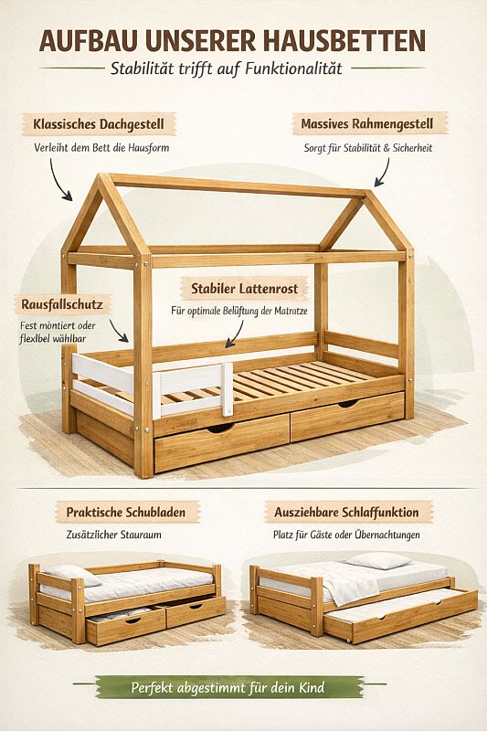 Infografik: Aufbau eines Woodream Hausbetts – stabiles Rahmengestell, klassisches Dach, Rausfallschutz, ergonomischer Einstieg, Lattenrost und optionale Schubladen oder Schlaffunktion