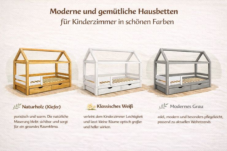 Moderne und gemütliche Hausbetten für Kinderzimmer in skandinavischen Farben – Naturholz, Weiß oder Grau, sichere wasserbasierte Lacke, stilvolles Design