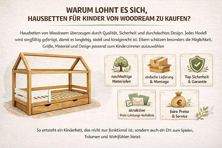 Warum sich Woodream Hausbetten für Kinder lohnen – hohe Qualität, Sicherheit, durchdachtes Design, langlebig, stabil, kindgerecht, individuelle Größe, Material und Design wählbar